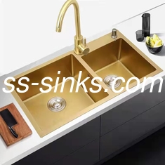 Double finition Matte Gold Kitchen Sink Depth de satin de bassin 220mm