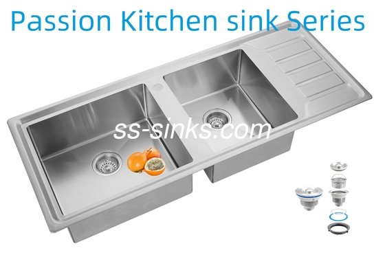 12050 Évier de cuisine fait à la main en acier inoxydable à deux bacs avec égouttoir